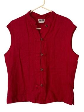 Vtg Clio Sz L Sleeveless 100% Linen Blouse Red Mandarin style collar wood button
